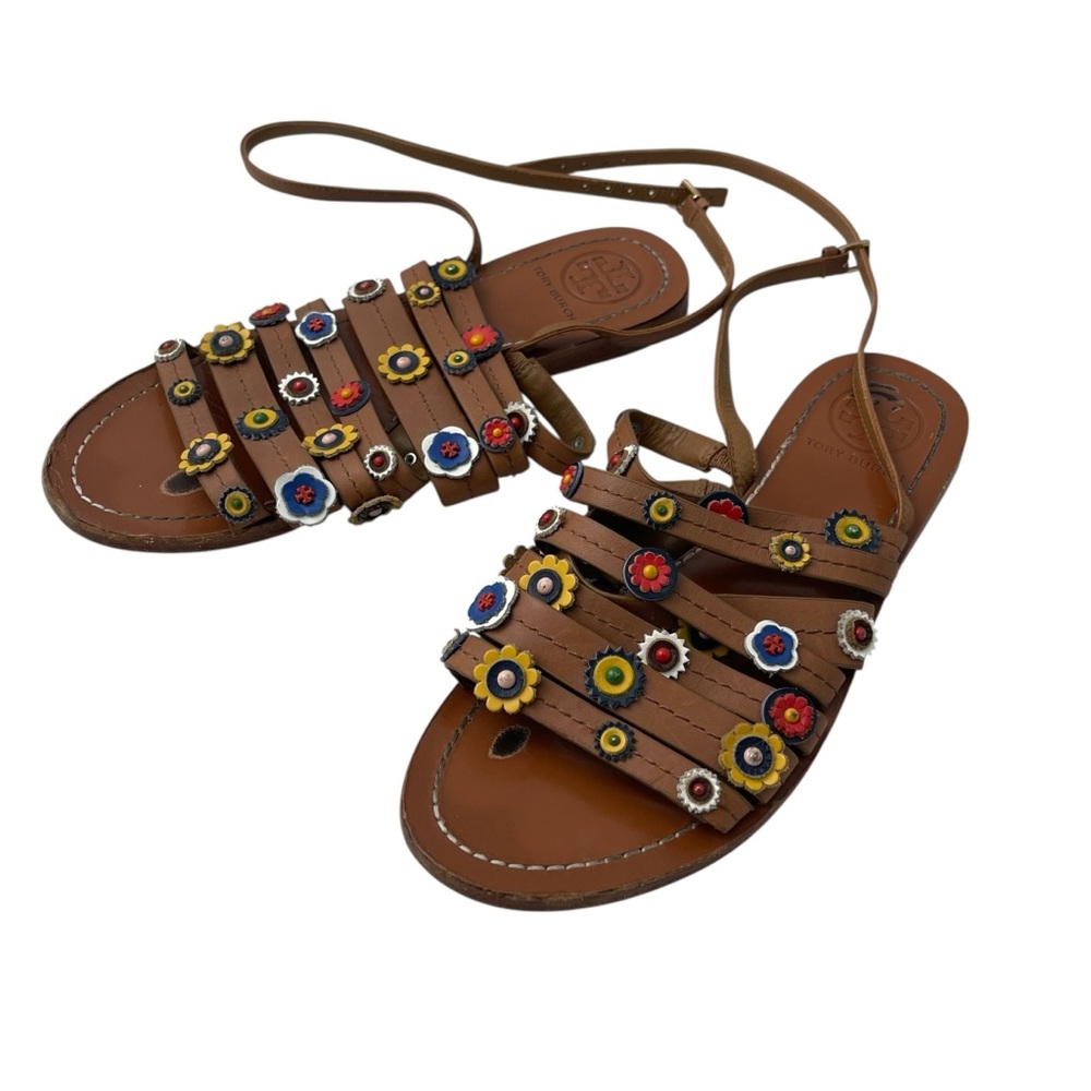 Tory Burch Brown Leather Sandals with Colorful Floral Accents - Picture 2 of 10